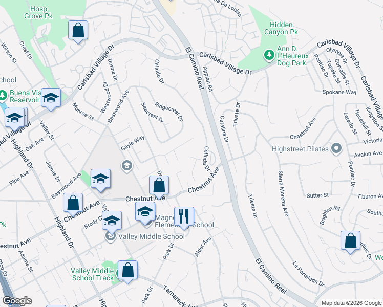 map of restaurants, bars, coffee shops, grocery stores, and more near 2230 Sara Way in Carlsbad