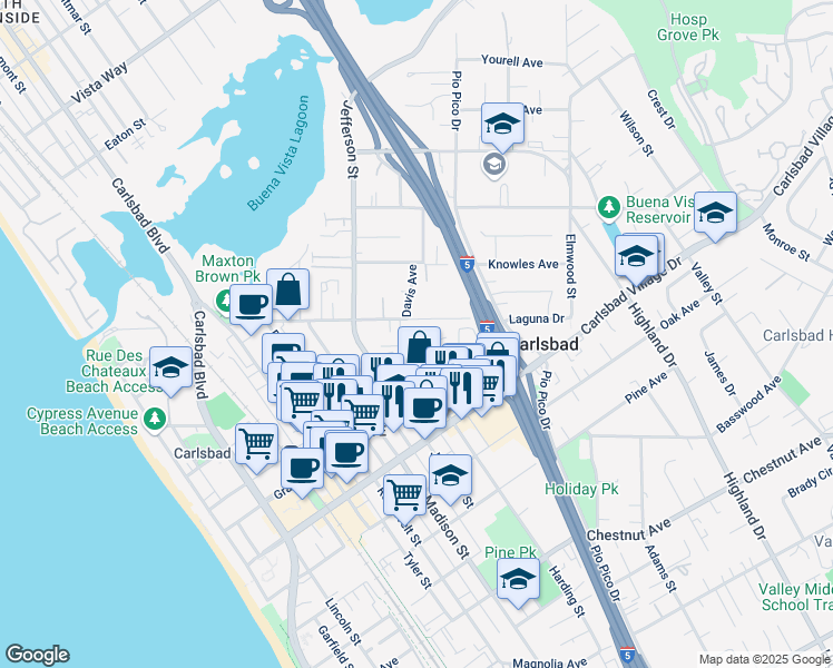 map of restaurants, bars, coffee shops, grocery stores, and more near 965 Laguna Drive in Carlsbad