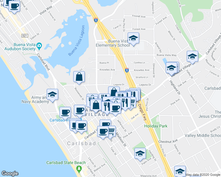 map of restaurants, bars, coffee shops, grocery stores, and more near 965 Laguna Drive in Carlsbad
