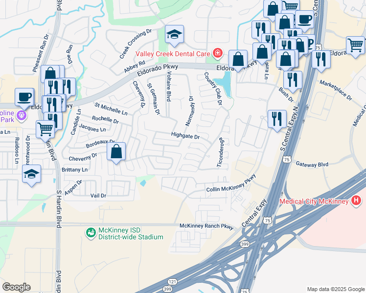 map of restaurants, bars, coffee shops, grocery stores, and more near 3209 Normandy Drive in McKinney