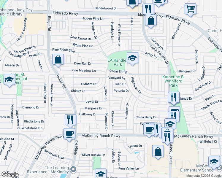 map of restaurants, bars, coffee shops, grocery stores, and more near 5609 Tulip Drive in McKinney