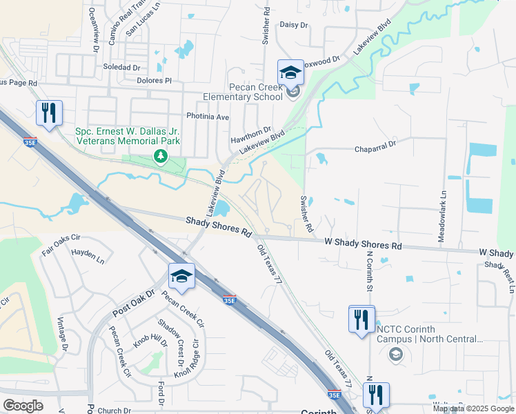 map of restaurants, bars, coffee shops, grocery stores, and more near 6303 West Shady Shores Road in Denton