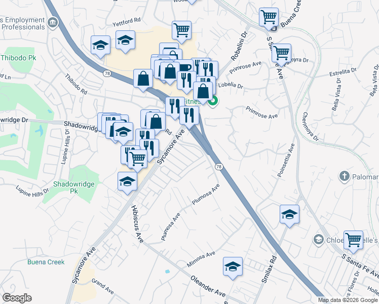 map of restaurants, bars, coffee shops, grocery stores, and more near 718 Sycamore Avenue in Vista