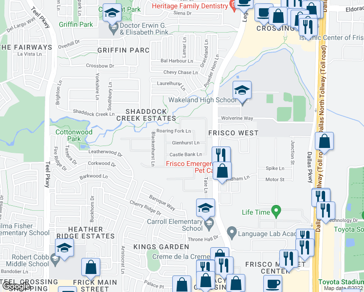 map of restaurants, bars, coffee shops, grocery stores, and more near 4149 Glenhurst Lane in Frisco