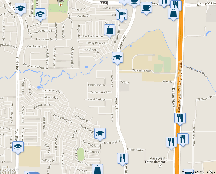 map of restaurants, bars, coffee shops, grocery stores, and more near 4319 Glenhurst Lane in Frisco