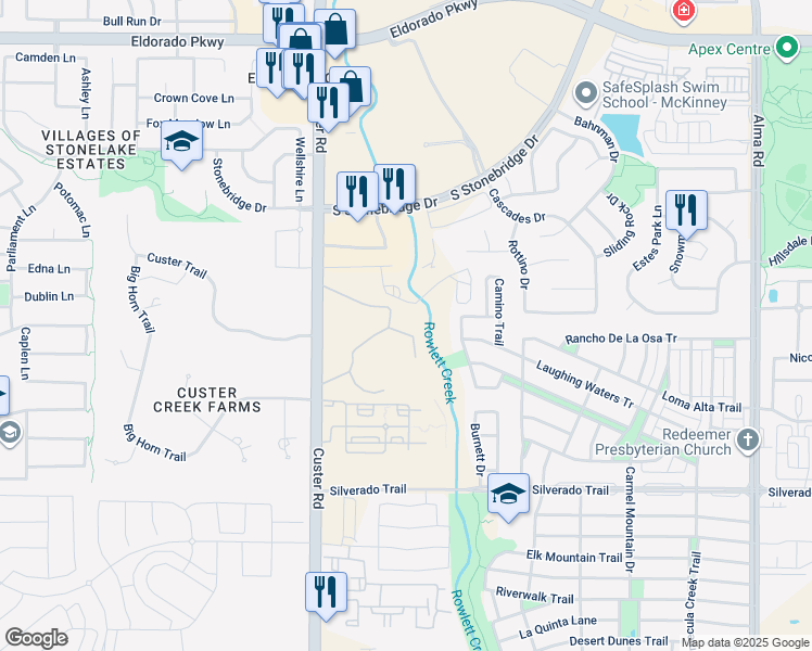 map of restaurants, bars, coffee shops, grocery stores, and more near 3600 Blanco Creek Trail in McKinney