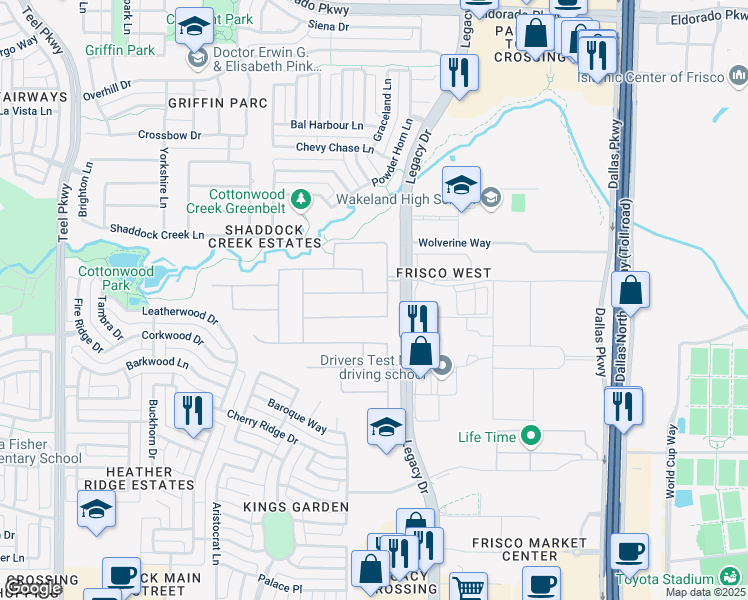 map of restaurants, bars, coffee shops, grocery stores, and more near 4319 Glenhurst Lane in Frisco