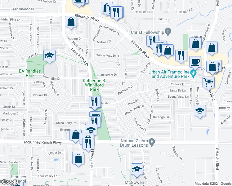 map of restaurants, bars, coffee shops, grocery stores, and more near 4728 Sunflower Drive in McKinney
