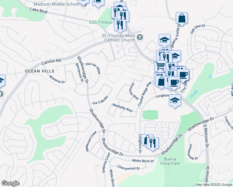 map of restaurants, bars, coffee shops, grocery stores, and more near 1667 Olympus Loop Drive in Vista