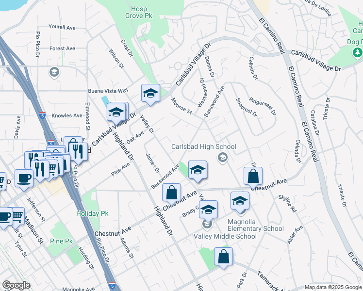 map of restaurants, bars, coffee shops, grocery stores, and more near 3275 Maezel Lane in Carlsbad