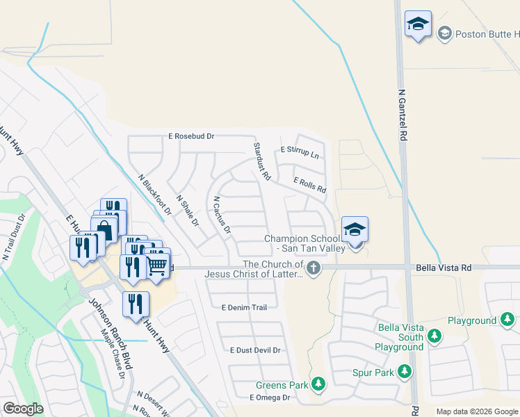 map of restaurants, bars, coffee shops, grocery stores, and more near 1168 East Desert Holly Drive in San Tan Valley