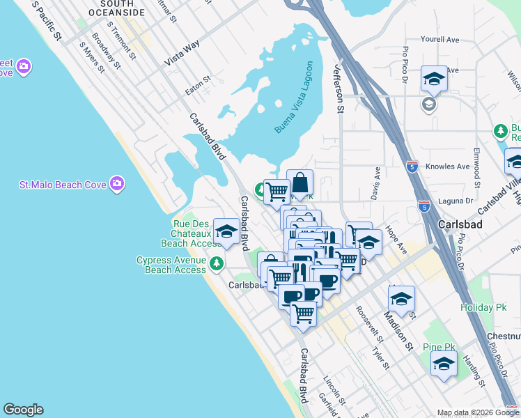 map of restaurants, bars, coffee shops, grocery stores, and more near 2517 State Street in Carlsbad