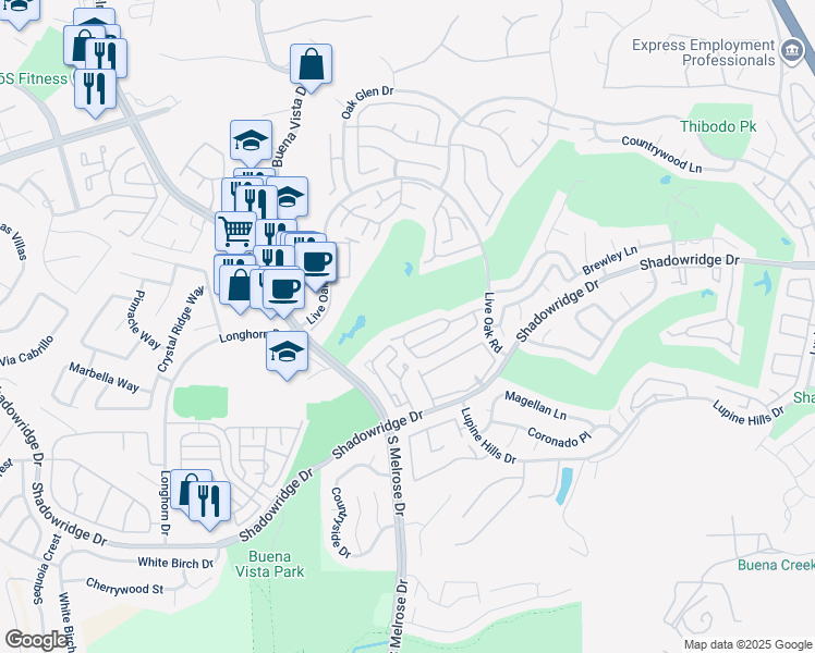 map of restaurants, bars, coffee shops, grocery stores, and more near 1484 Golfcrest Place in Vista
