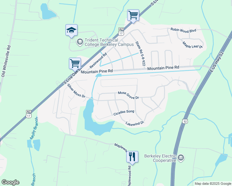 map of restaurants, bars, coffee shops, grocery stores, and more near 1179 Moss Grove Drive in Moncks Corner