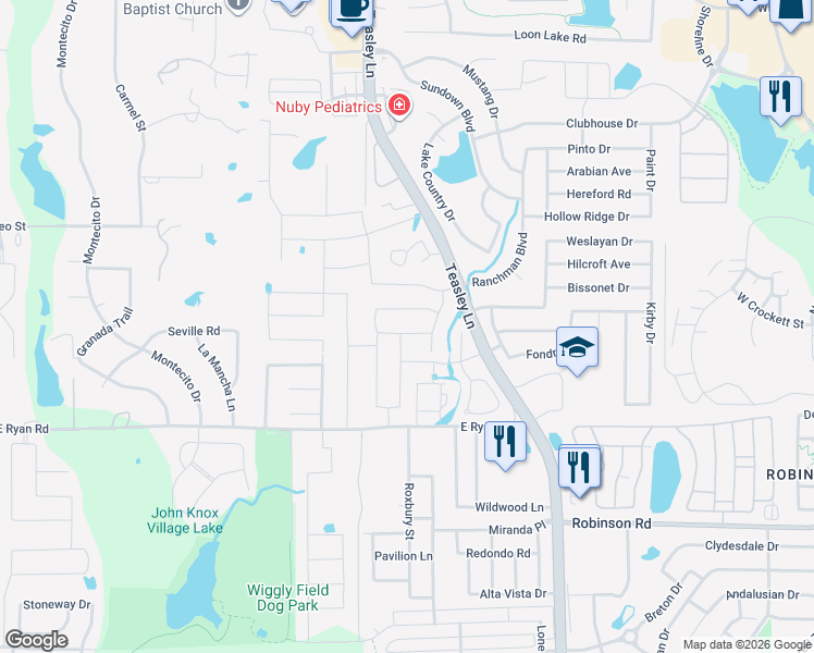 map of restaurants, bars, coffee shops, grocery stores, and more near 2201 Corsair Lane in Lake Dallas