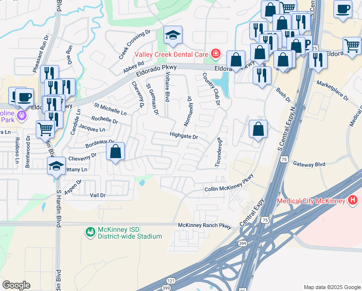 map of restaurants, bars, coffee shops, grocery stores, and more near 3209 Normandy Drive in McKinney