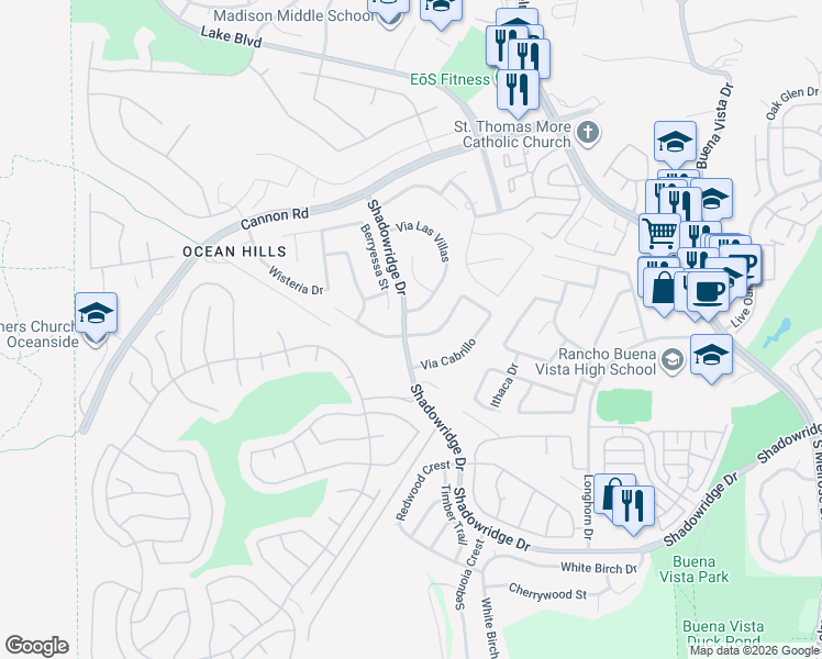 map of restaurants, bars, coffee shops, grocery stores, and more near 3702 Via Del Rancho in Oceanside