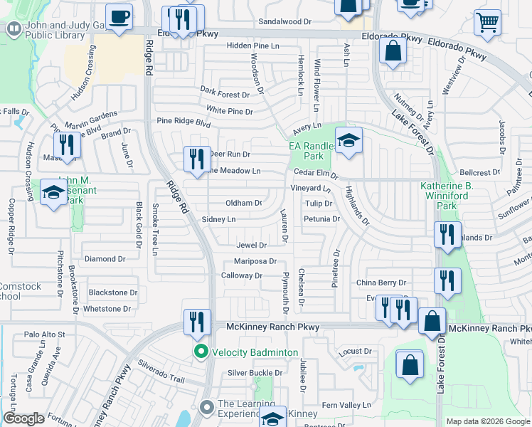 map of restaurants, bars, coffee shops, grocery stores, and more near 5805 Oldham Drive in McKinney