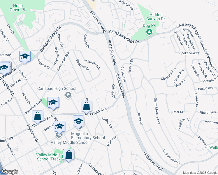 map of restaurants, bars, coffee shops, grocery stores, and more near 2256 Sara Way in Carlsbad
