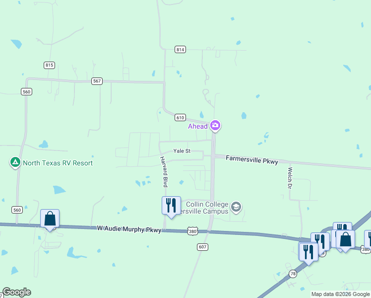 map of restaurants, bars, coffee shops, grocery stores, and more near 1804 Yale Street in Farmersville