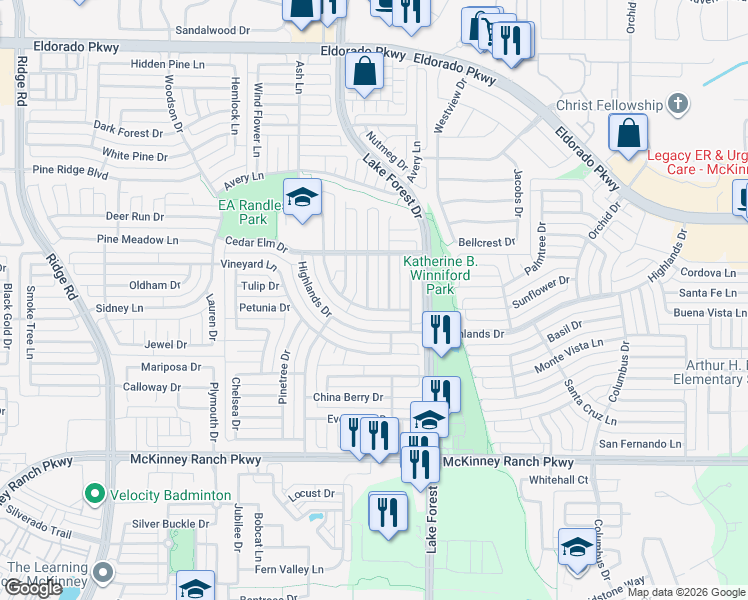 map of restaurants, bars, coffee shops, grocery stores, and more near 3608 Cherry Blossom Lane in McKinney