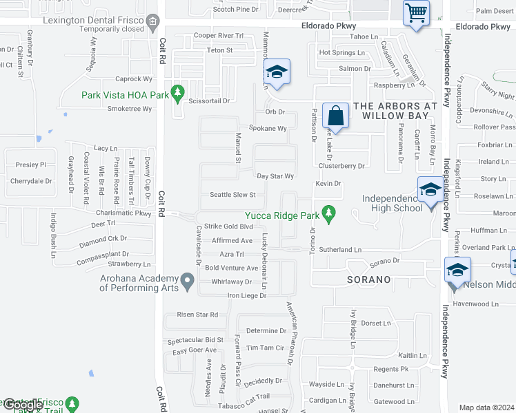 map of restaurants, bars, coffee shops, grocery stores, and more near 13354 Secretariat Boulevard in Frisco