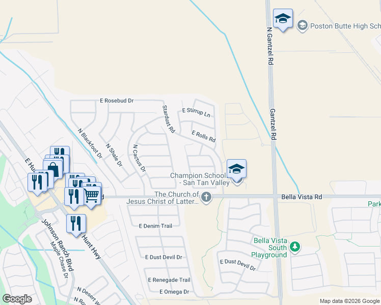 map of restaurants, bars, coffee shops, grocery stores, and more near 1350 East Desert Holly Drive in San Tan Valley