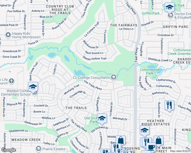 map of restaurants, bars, coffee shops, grocery stores, and more near 2380 West Creek Drive in Frisco