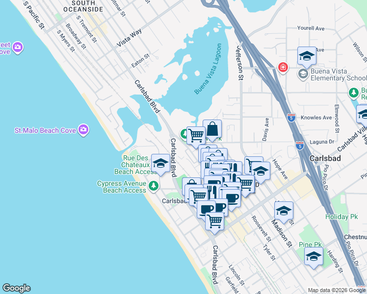 map of restaurants, bars, coffee shops, grocery stores, and more near 2501 State Street in Carlsbad
