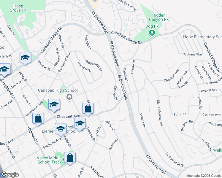 map of restaurants, bars, coffee shops, grocery stores, and more near 2256 Sara Way in Carlsbad