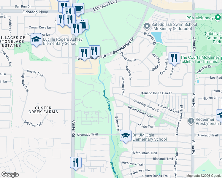 map of restaurants, bars, coffee shops, grocery stores, and more near 3604 Blanco Creek Trail in McKinney