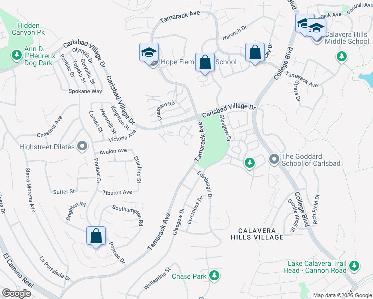 map of restaurants, bars, coffee shops, grocery stores, and more near 2842 Hillsboro Court in Carlsbad