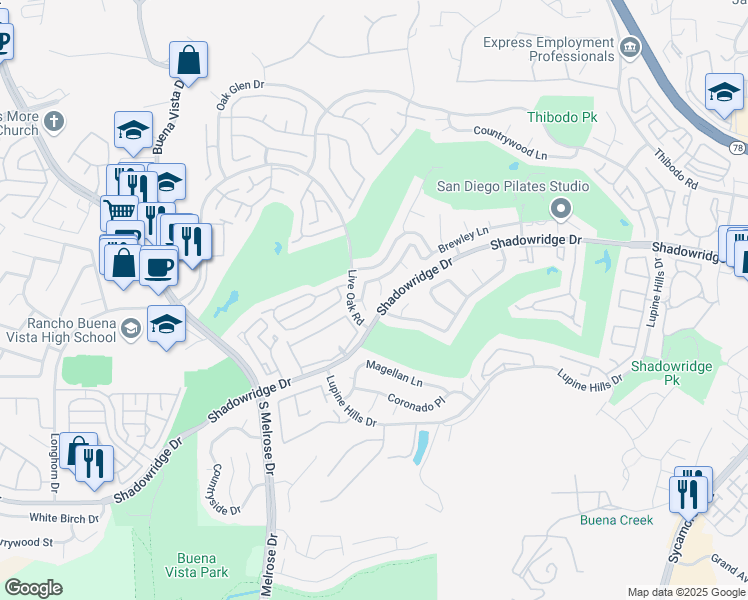 map of restaurants, bars, coffee shops, grocery stores, and more near 1985 Revere Court in Vista