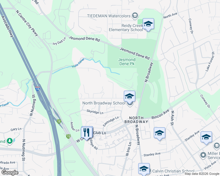 map of restaurants, bars, coffee shops, grocery stores, and more near 2387 Country Heights Road in Escondido