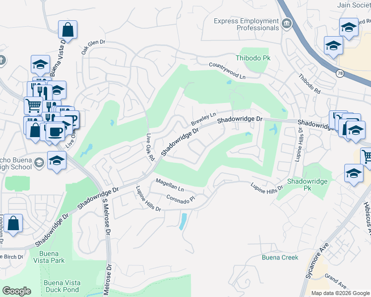 map of restaurants, bars, coffee shops, grocery stores, and more near 1306 Lewis Court in Vista