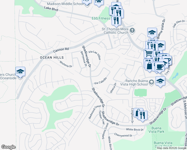 map of restaurants, bars, coffee shops, grocery stores, and more near 3702 Via Del Rancho in Oceanside
