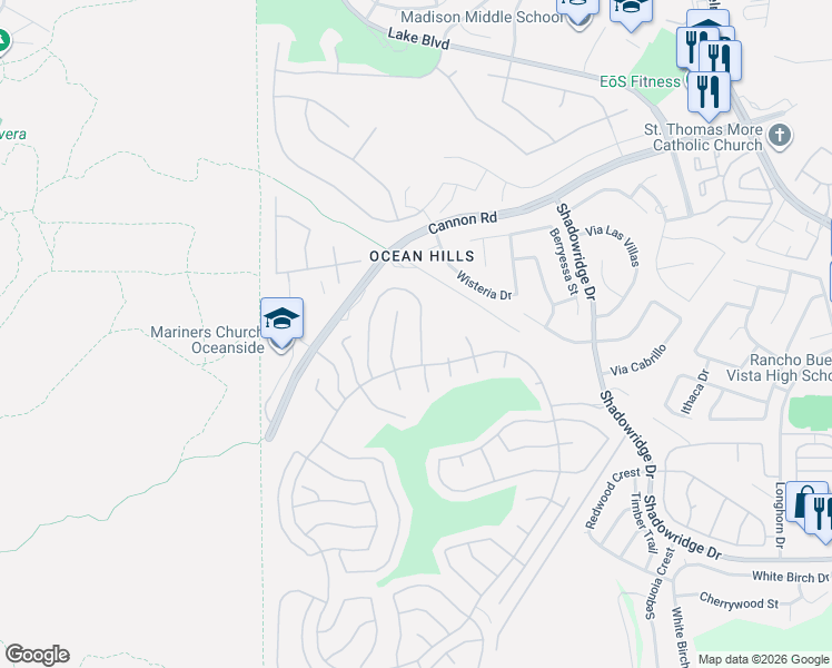 map of restaurants, bars, coffee shops, grocery stores, and more near 4676 Barcelona Way in Oceanside