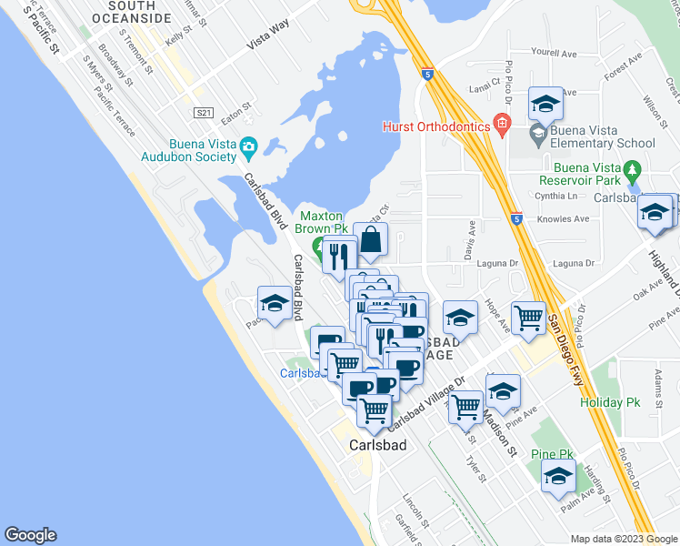 map of restaurants, bars, coffee shops, grocery stores, and more near 577 Laguna Drive in Carlsbad