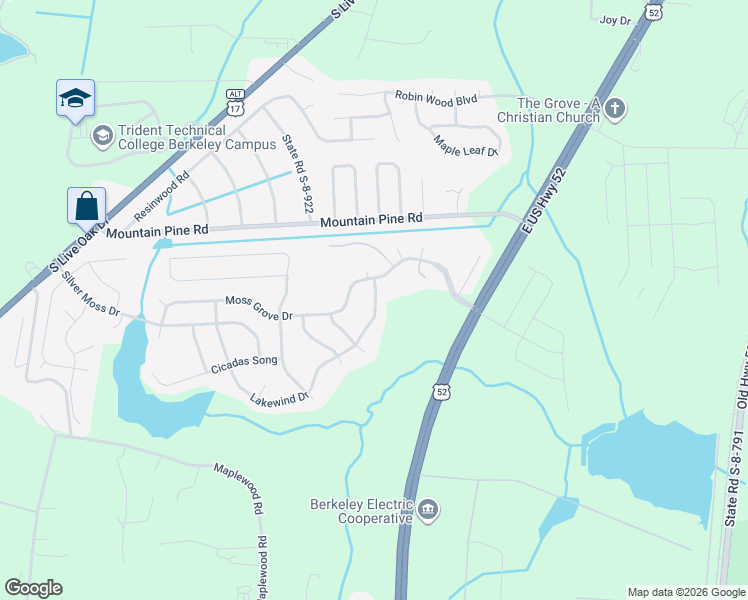 map of restaurants, bars, coffee shops, grocery stores, and more near 305 Lakewind Drive in Moncks Corner