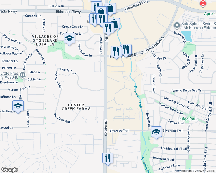 map of restaurants, bars, coffee shops, grocery stores, and more near Custer Road in McKinney