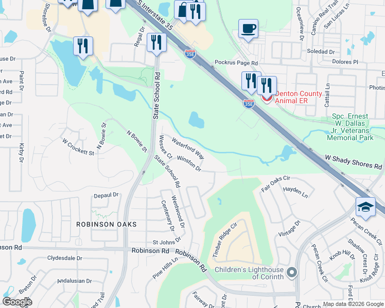 map of restaurants, bars, coffee shops, grocery stores, and more near 3908 Waterford Way in Denton