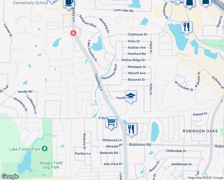 map of restaurants, bars, coffee shops, grocery stores, and more near 2501 Westheimer Road in Denton