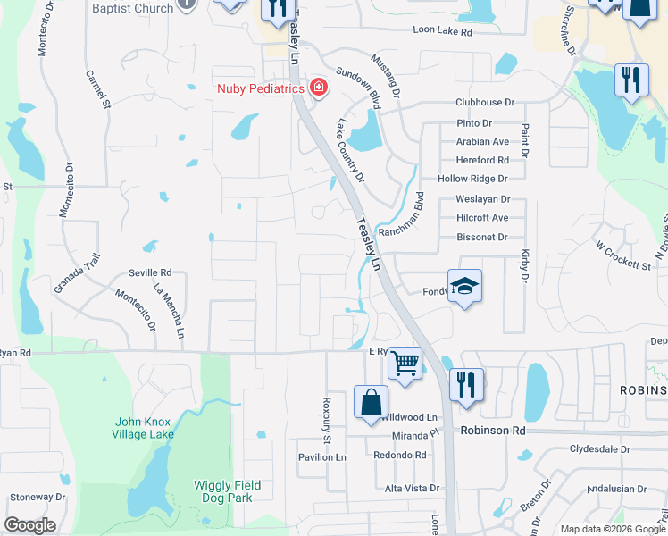 map of restaurants, bars, coffee shops, grocery stores, and more near 2201 Corsair Lane in Lake Dallas