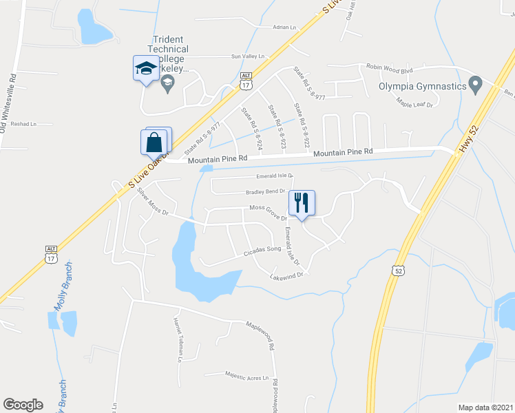 map of restaurants, bars, coffee shops, grocery stores, and more near 1154 Moss Grove Drive in Moncks Corner