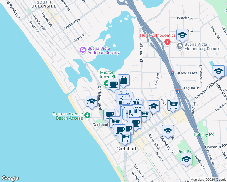 map of restaurants, bars, coffee shops, grocery stores, and more near 577 Laguna Drive in Carlsbad