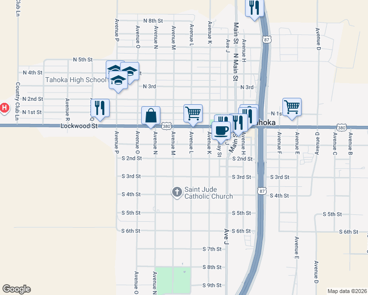 map of restaurants, bars, coffee shops, grocery stores, and more near 1805 South 1st Street in Tahoka