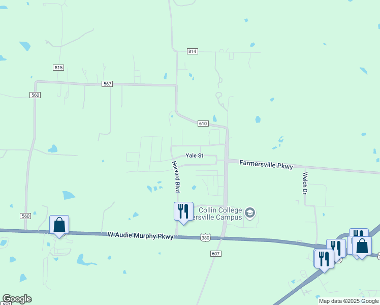 map of restaurants, bars, coffee shops, grocery stores, and more near 1812 Yale Street in Farmersville