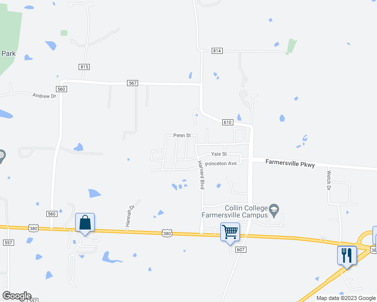 map of restaurants, bars, coffee shops, grocery stores, and more near 203 University Street in Farmersville