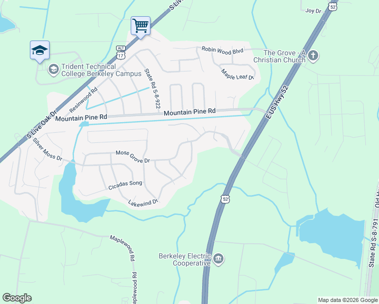 map of restaurants, bars, coffee shops, grocery stores, and more near 305 Lakewind Drive in Moncks Corner