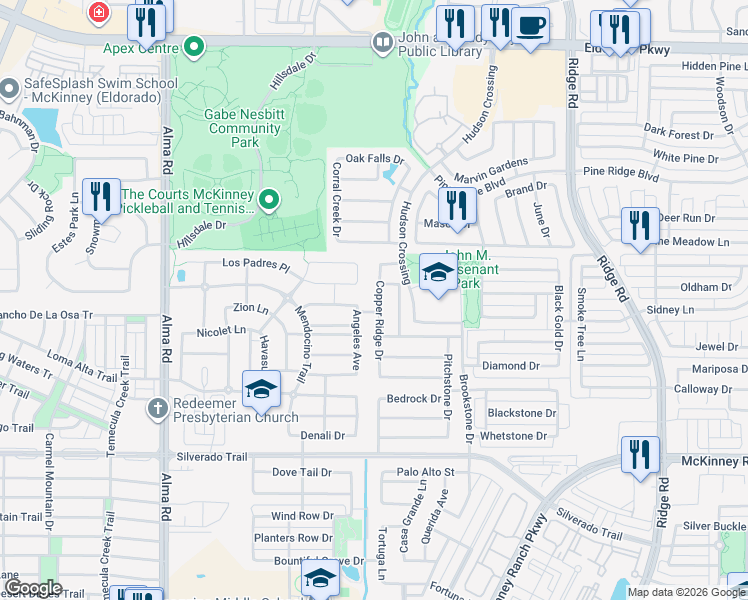 map of restaurants, bars, coffee shops, grocery stores, and more near 3540 Copper Ridge Drive in McKinney